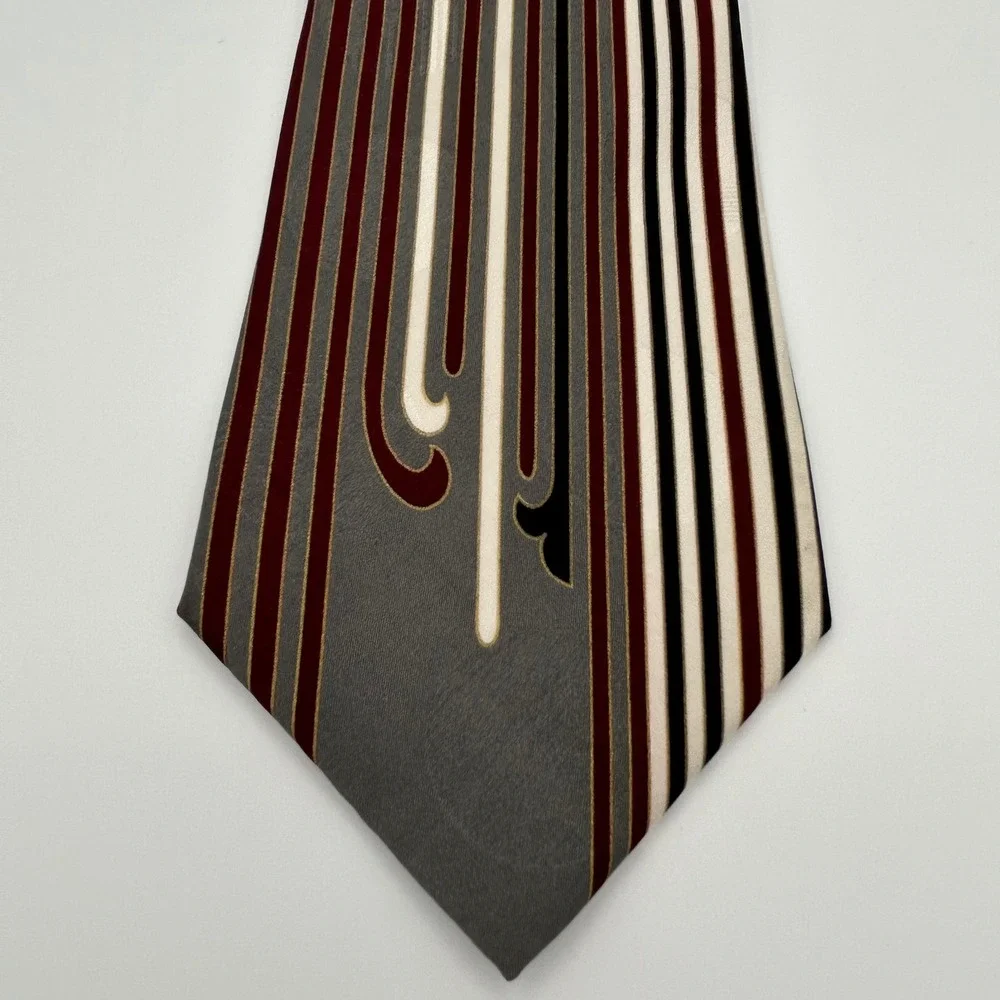 Pierre Cardin Necktie Mens OS Grey Burgundy Silk Geometric Abstract Art Deco 90s